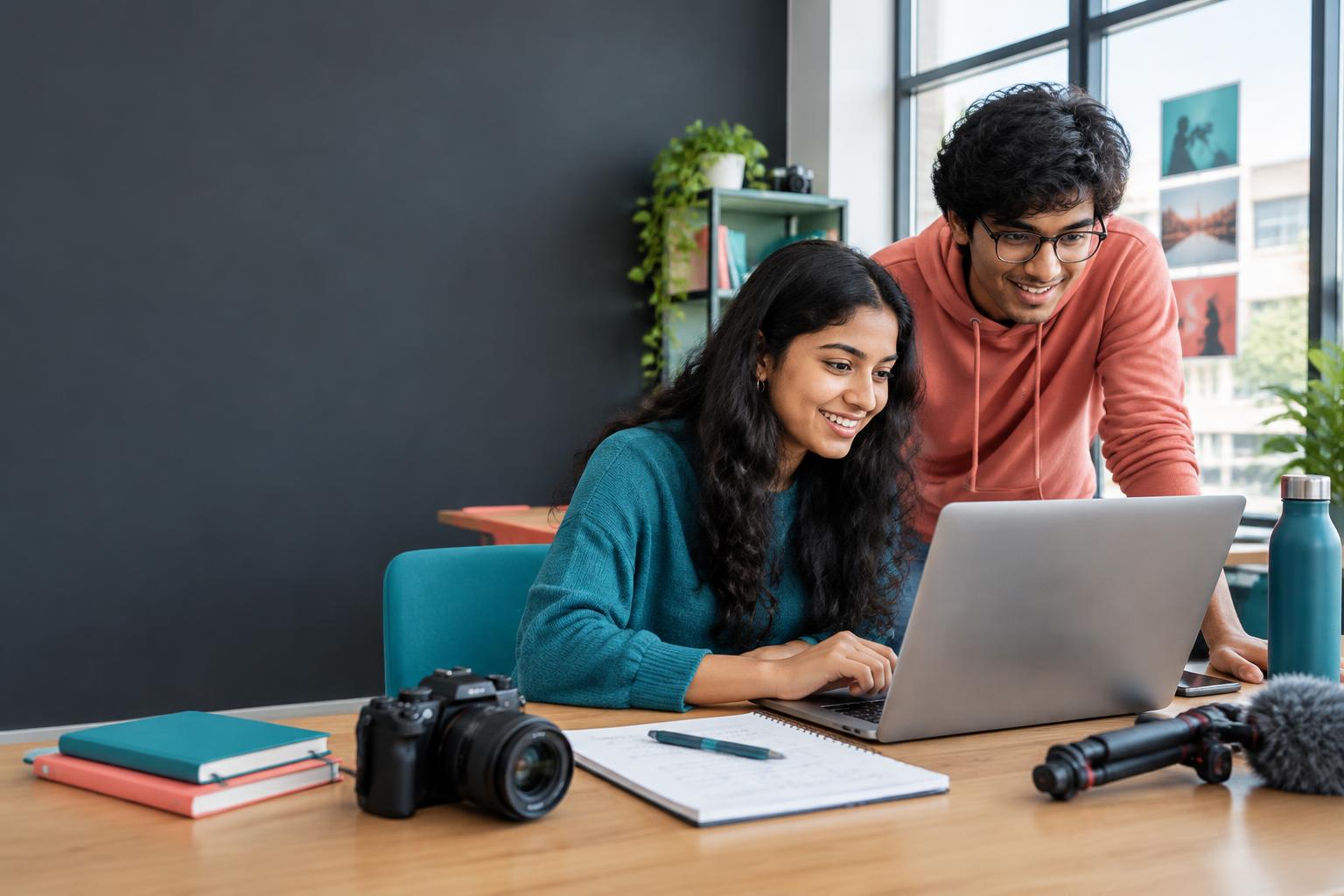 Students creating a video together on campus